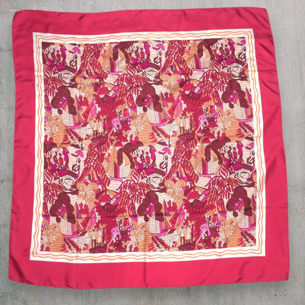 Brochier Soieries Silk Scarf Made In France Dufy Deauville Red Brown Magenta